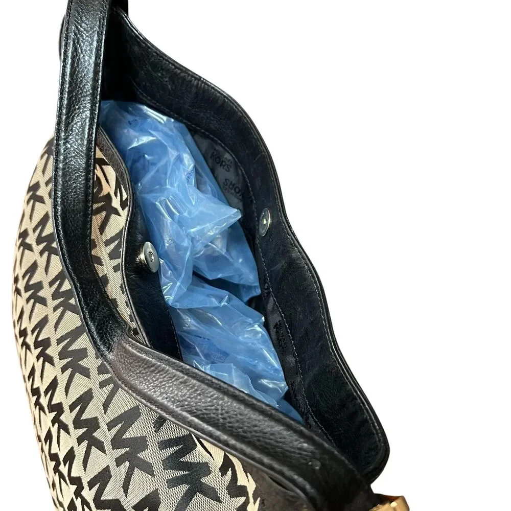 Michael Kors Hobo Bag Womens Large Black Logo Canvas Leather Shoulder Junie - Picture 12 of 13